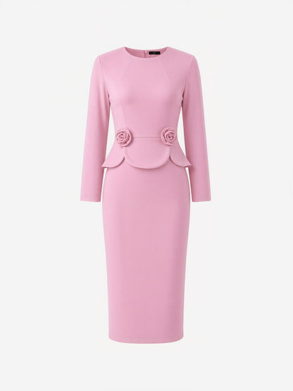 3D Floral Solid Color Long Sleeve Midi Sheath Dress