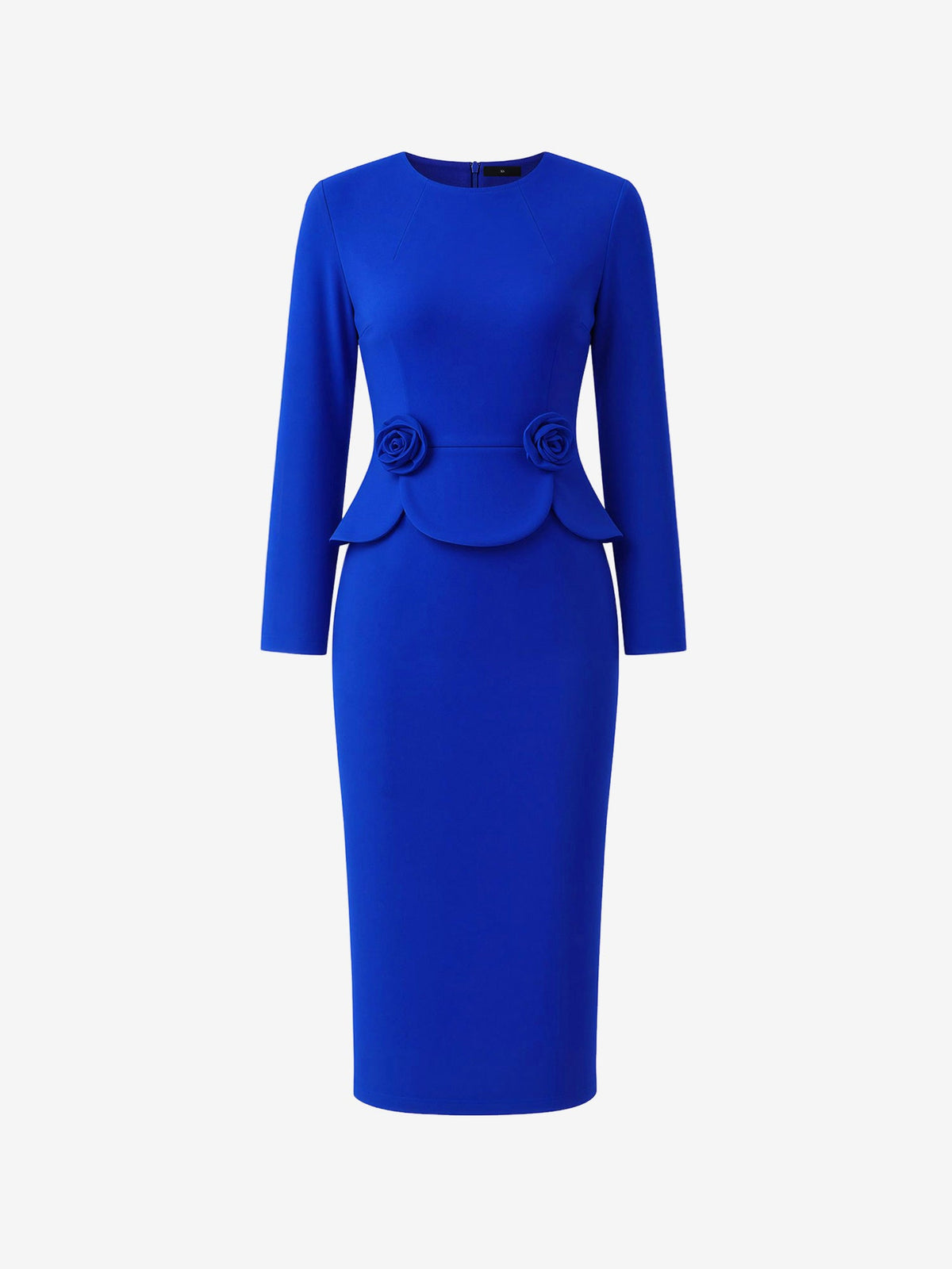 3D Floral Solid Color Long Sleeve Midi Sheath Dress