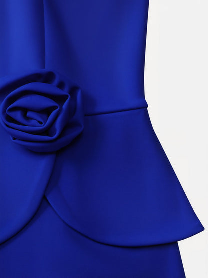 3D Floral Solid Color Long Sleeve Midi Sheath Dress