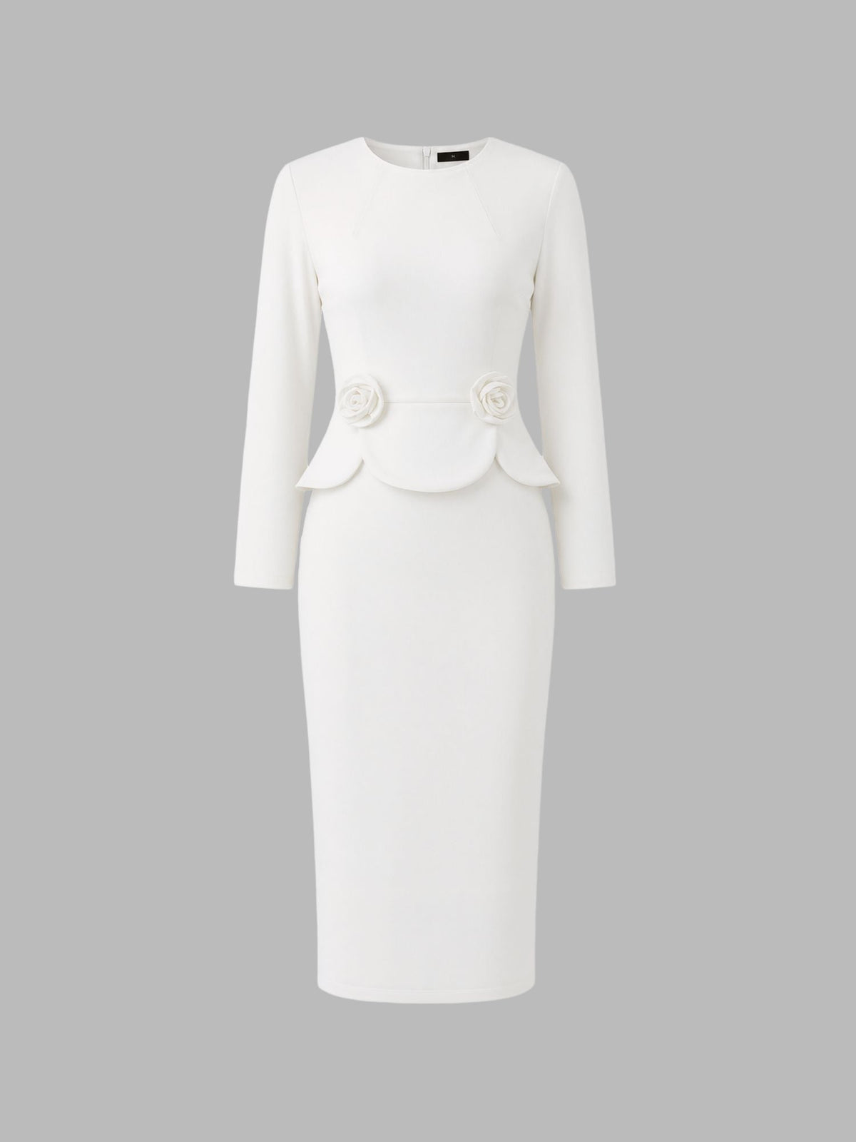3D Floral Solid Color Long Sleeve Midi Sheath Dress
