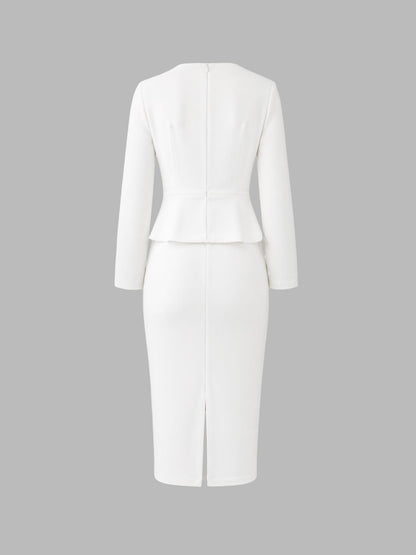 3D Floral Solid Color Long Sleeve Midi Sheath Dress