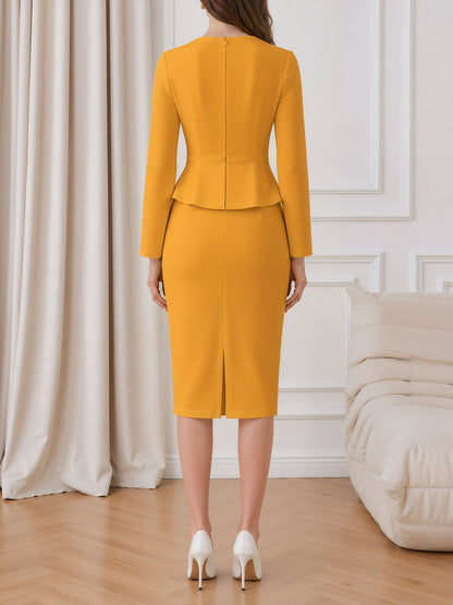 3D Floral Solid Color Long Sleeve Midi Sheath Dress
