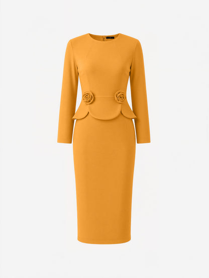 3D Floral Solid Color Long Sleeve Midi Sheath Dress