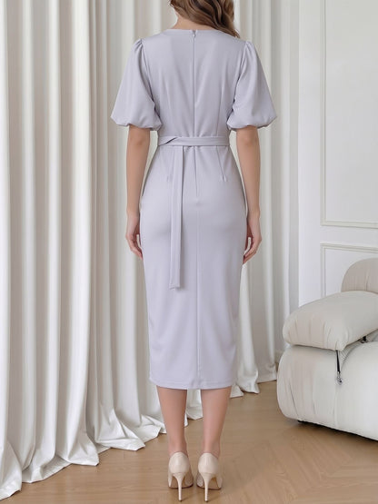 Lantern Sleeves V Neck Belted Slit Midi Sheath Dress