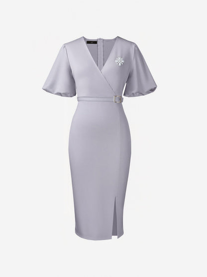 Lantern Sleeves V Neck Belted Slit Midi Sheath Dress