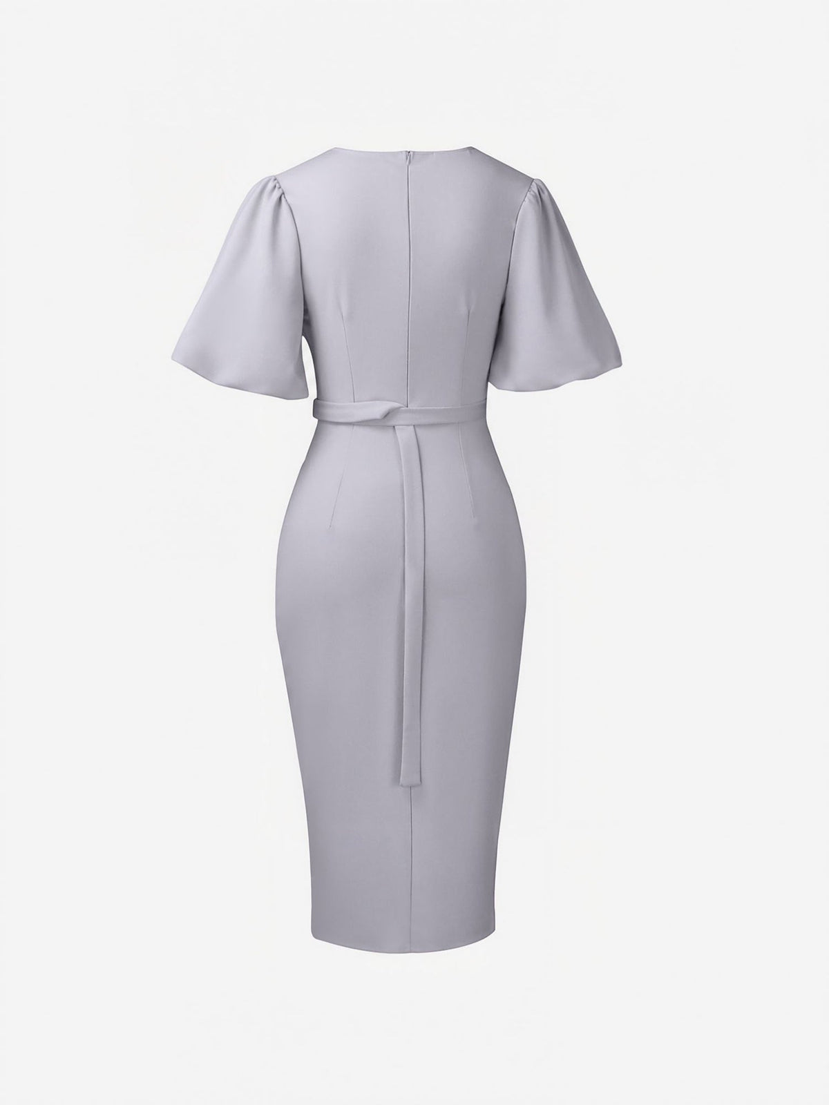Lantern Sleeves V Neck Belted Slit Midi Sheath Dress