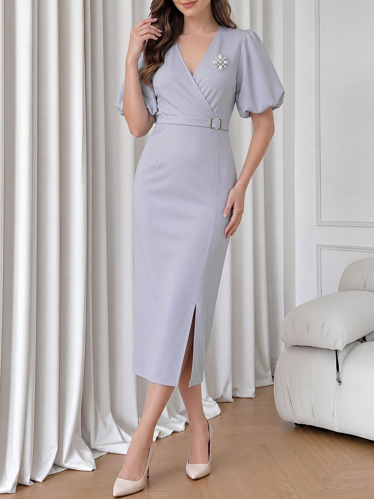 Lantern Sleeves V Neck Belted Slit Midi Sheath Dress