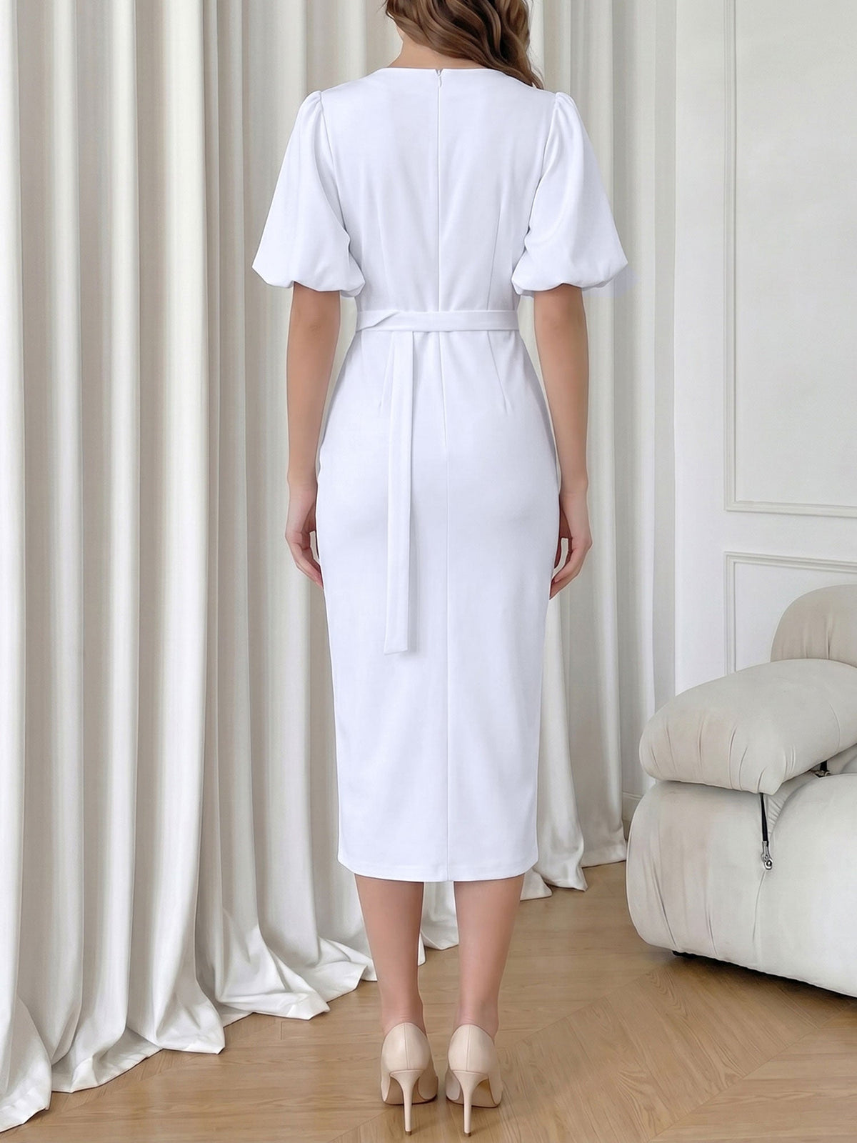 Lantern Sleeves V Neck Belted Slit Midi Sheath Dress