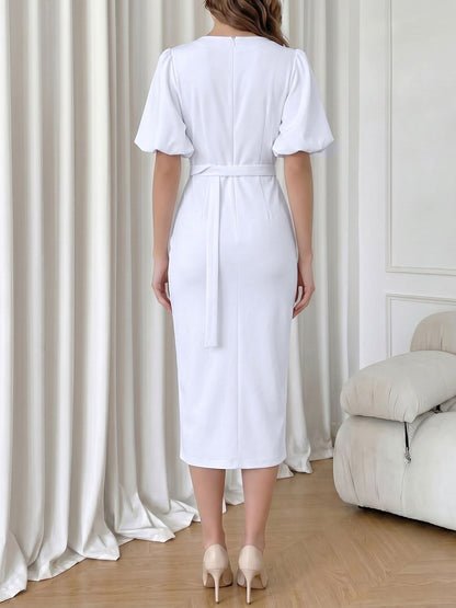 Lantern Sleeves V Neck Belted Slit Midi Sheath Dress