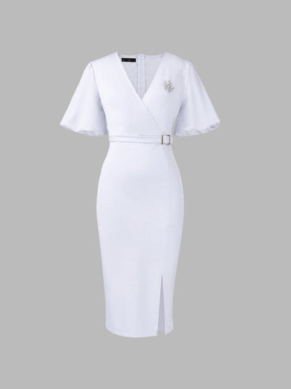 Lantern Sleeves V Neck Belted Slit Midi Sheath Dress