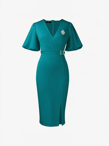 Lantern Sleeves V Neck Belted Slit Midi Sheath Dress