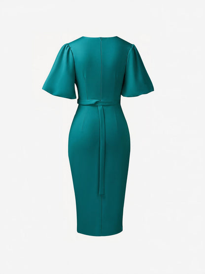 Lantern Sleeves V Neck Belted Slit Midi Sheath Dress