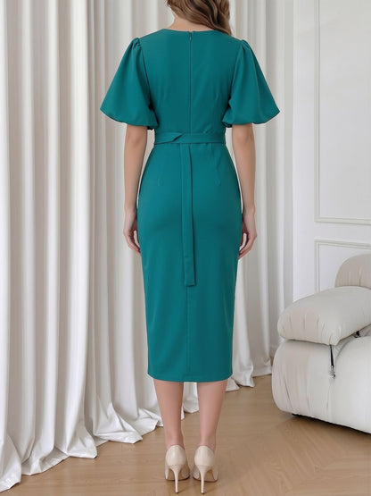 Lantern Sleeves V Neck Belted Slit Midi Sheath Dress