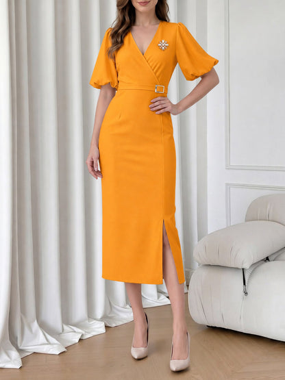 Lantern Sleeves V Neck Belted Slit Midi Sheath Dress