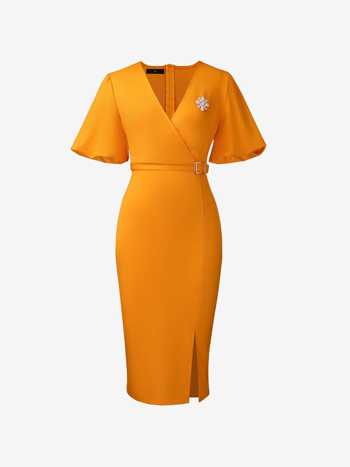 Lantern Sleeves V Neck Belted Slit Midi Sheath Dress