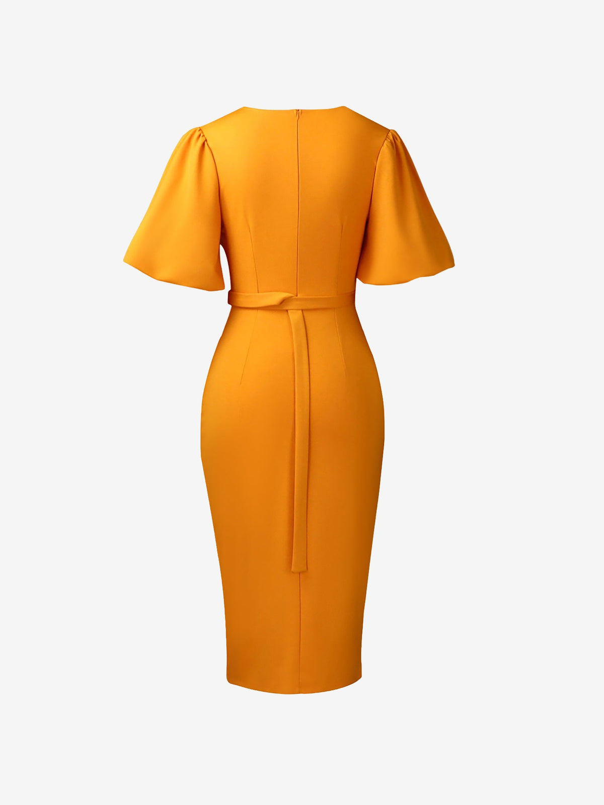 Lantern Sleeves V Neck Belted Slit Midi Sheath Dress