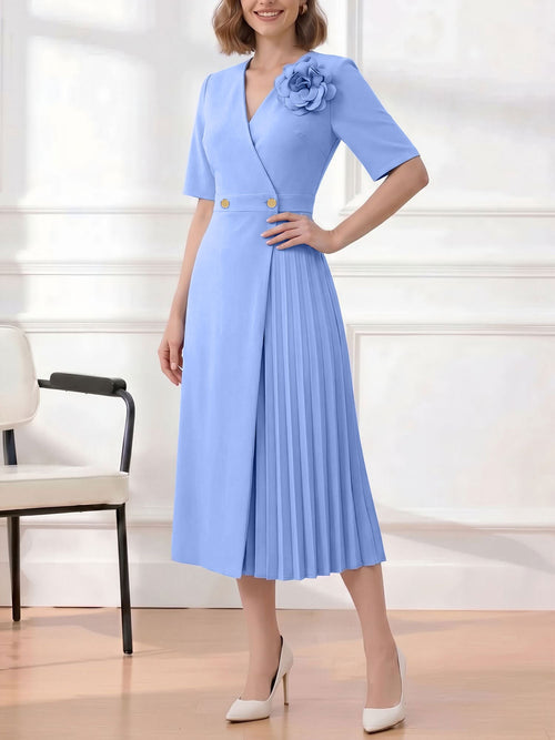 Pleated V Neck Short Sleeves A-Line Midi Dress