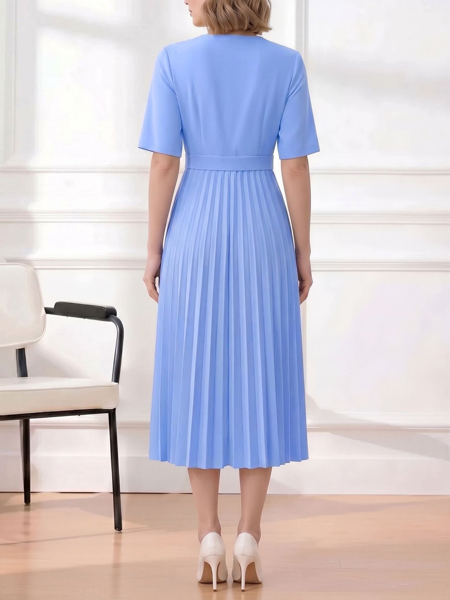 Pleated V Neck Short Sleeves A-Line Midi Dress