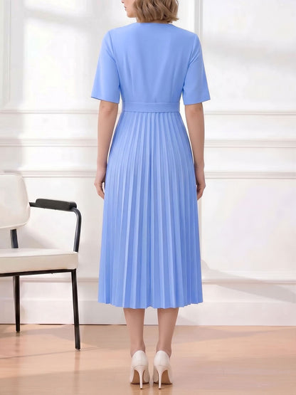 Pleated V Neck Short Sleeves A-Line Midi Dress
