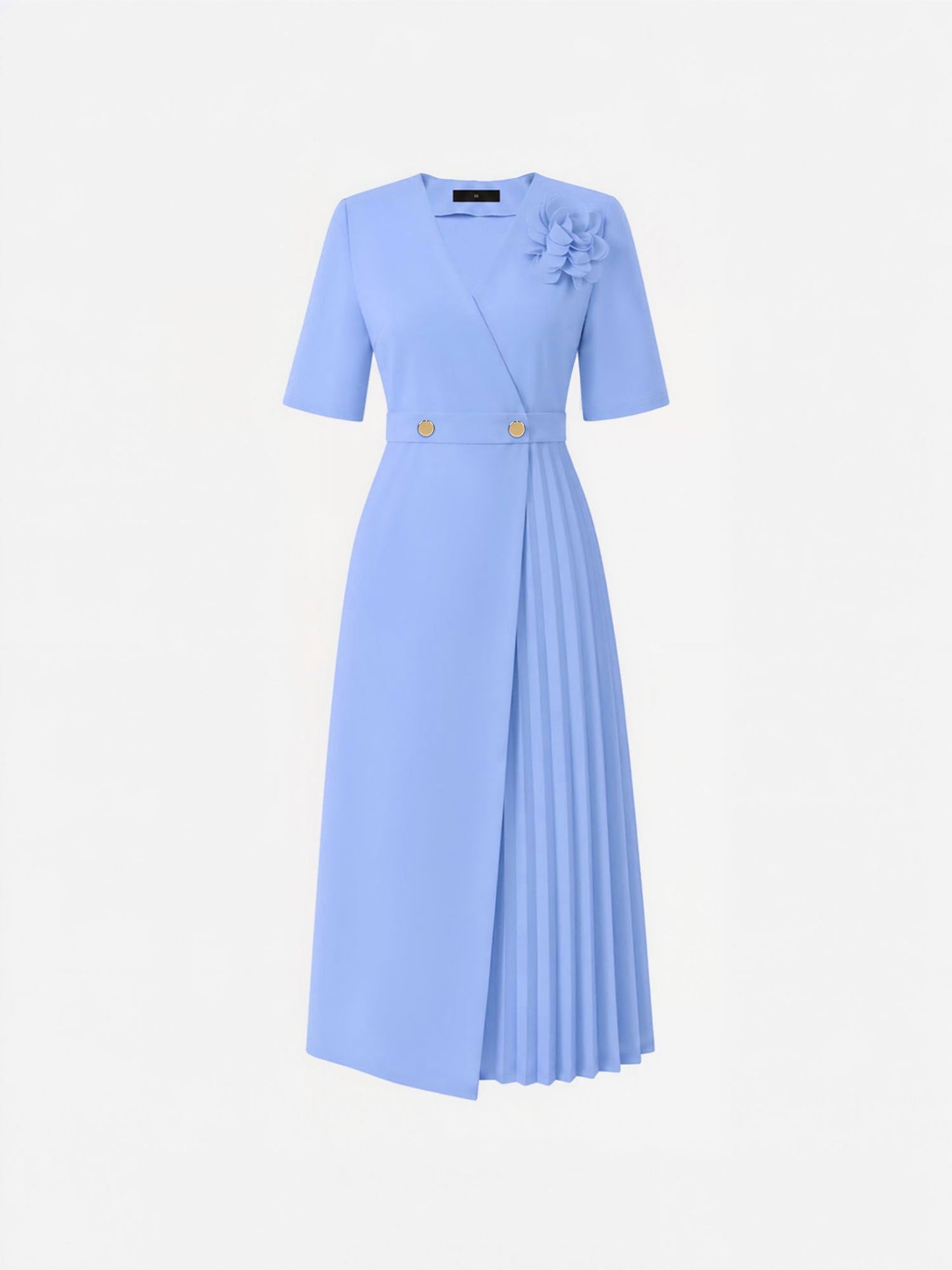 Pleated V Neck Short Sleeves A-Line Midi Dress