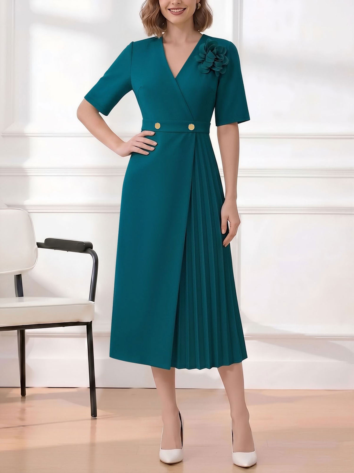 Pleated V Neck Short Sleeves A-Line Midi Dress