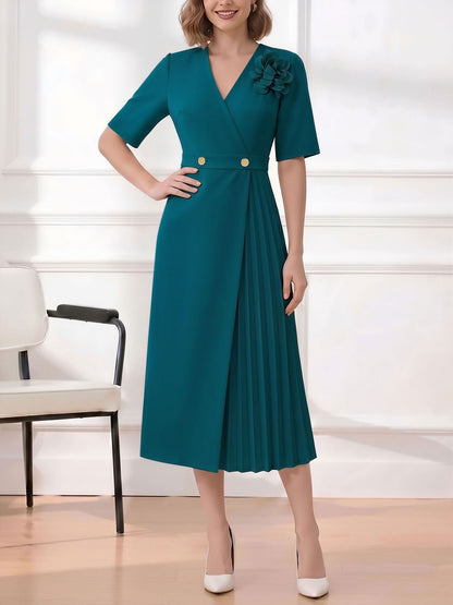 Pleated V Neck Short Sleeves A-Line Midi Dress