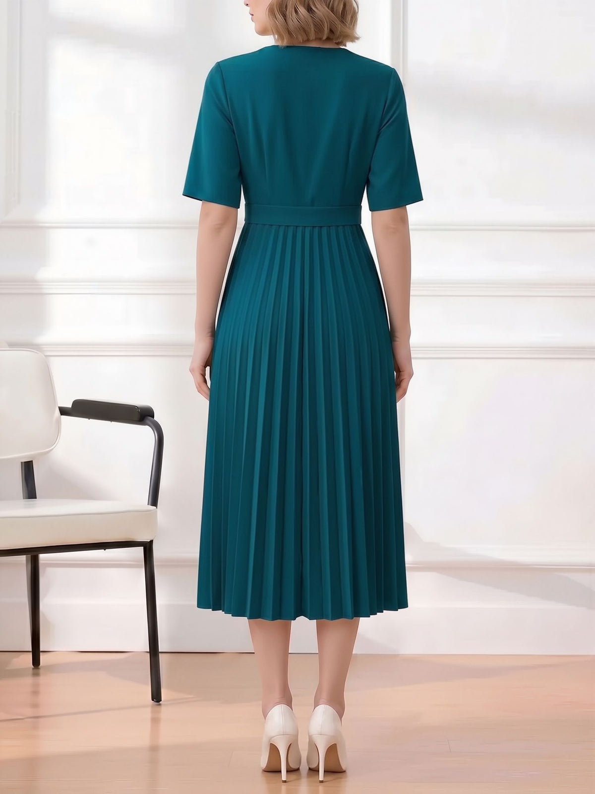 Pleated V Neck Short Sleeves A-Line Midi Dress