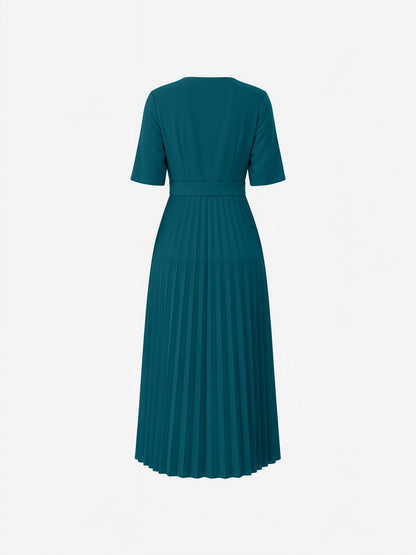Pleated V Neck Short Sleeves A-Line Midi Dress