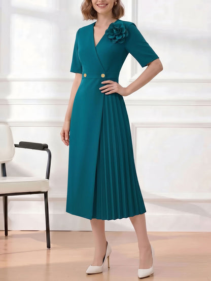 Pleated V Neck Short Sleeves A-Line Midi Dress