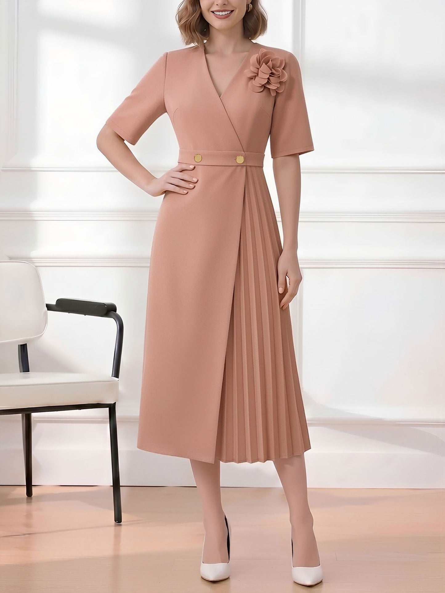 Pleated V Neck Short Sleeves A-Line Midi Dress