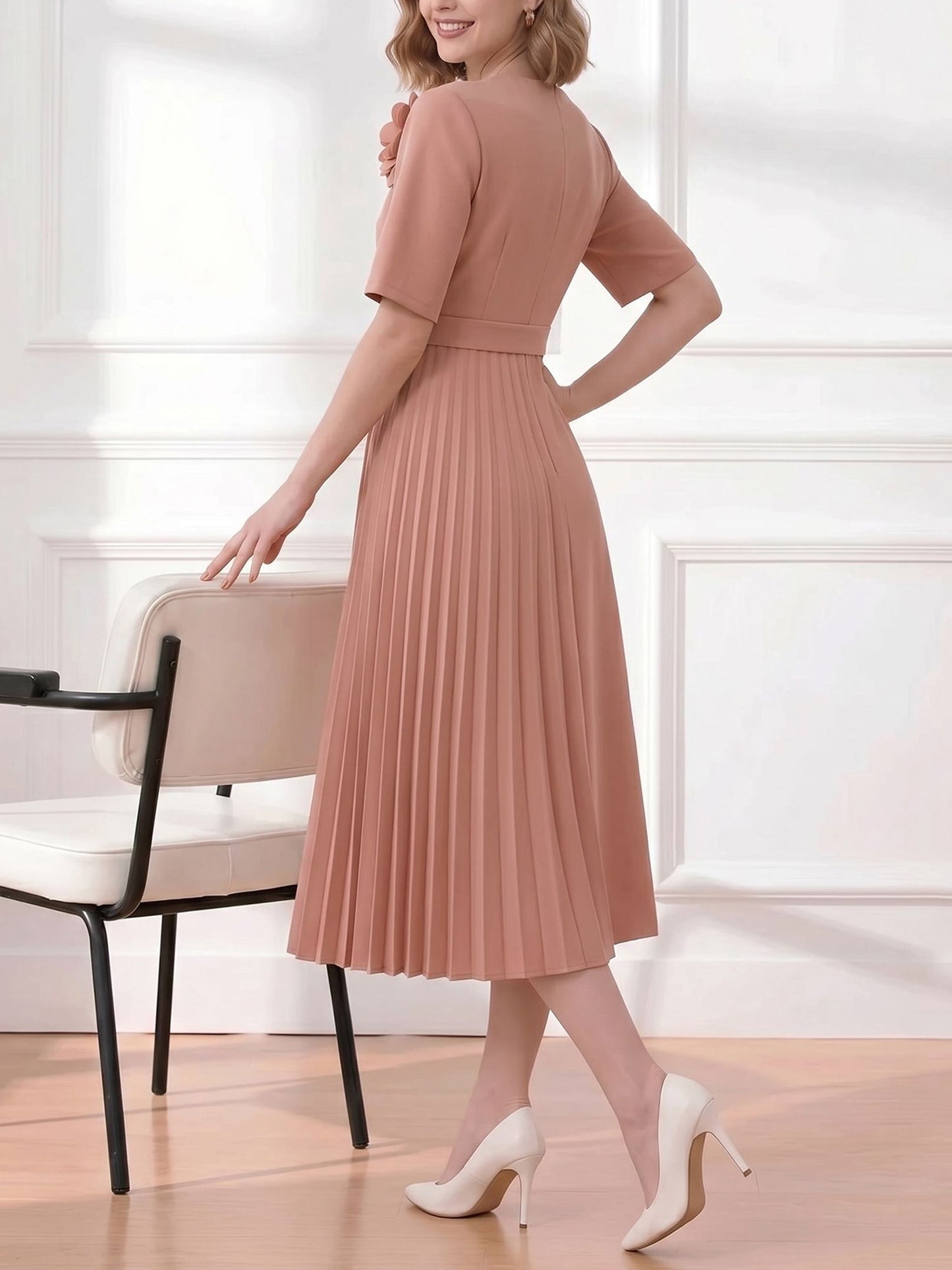 Pleated V Neck Short Sleeves A-Line Midi Dress