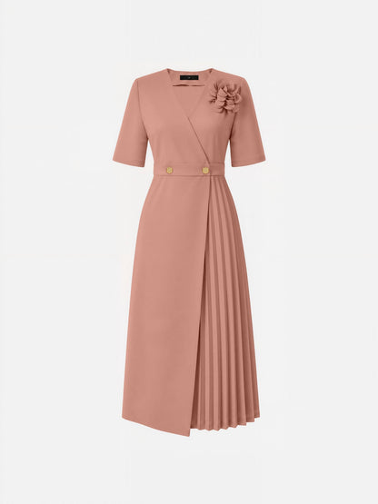 Pleated V Neck Short Sleeves A-Line Midi Dress