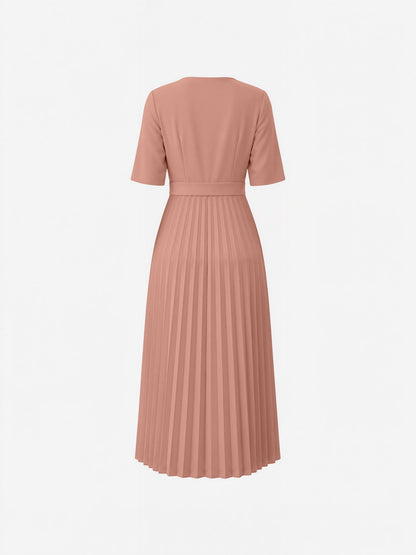 Pleated V Neck Short Sleeves A-Line Midi Dress