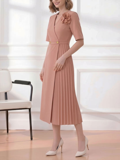 Pleated V Neck Short Sleeves A-Line Midi Dress