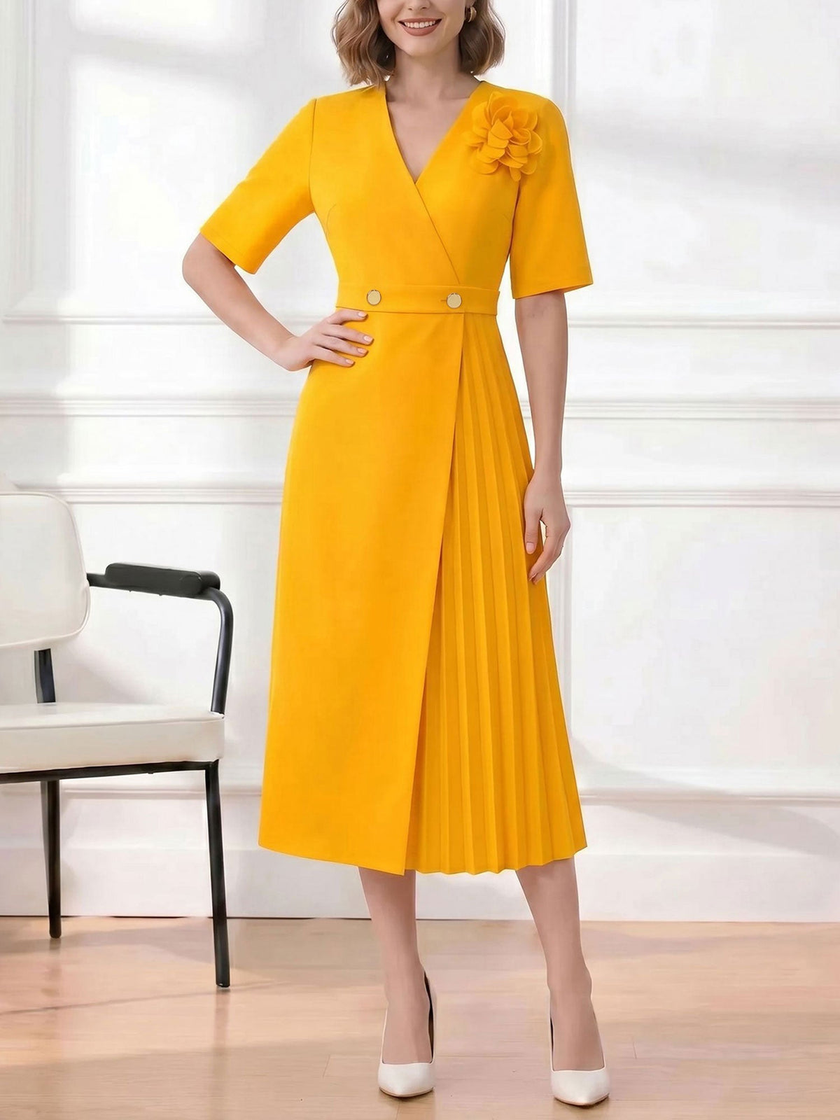 Pleated V Neck Short Sleeves A-Line Midi Dress