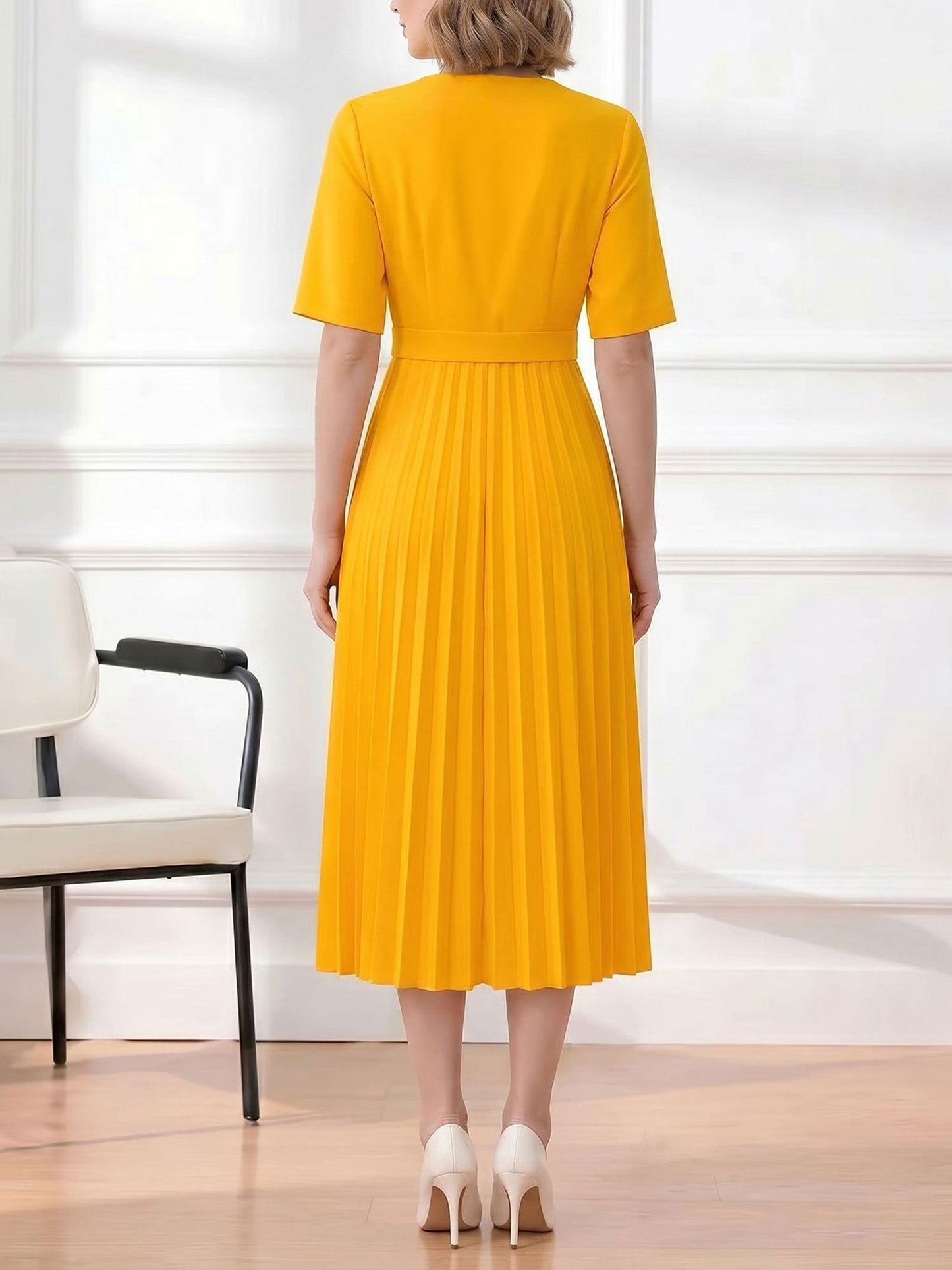 Pleated V Neck Short Sleeves A-Line Midi Dress