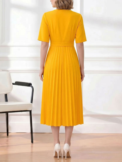 Pleated V Neck Short Sleeves A-Line Midi Dress