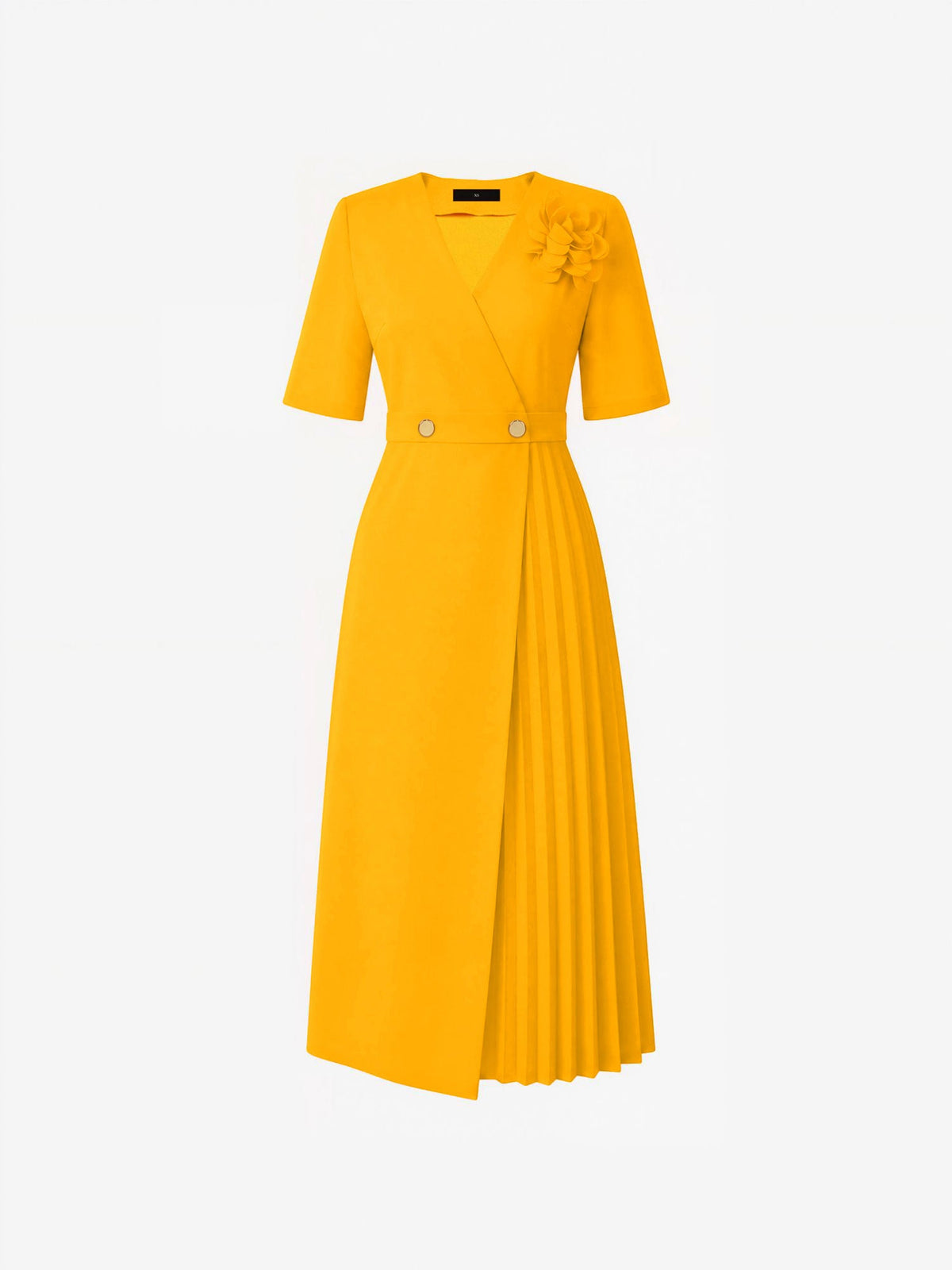Pleated V Neck Short Sleeves A-Line Midi Dress