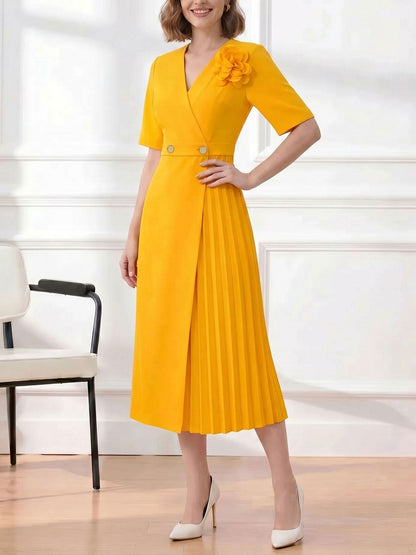 Pleated V Neck Short Sleeves A-Line Midi Dress