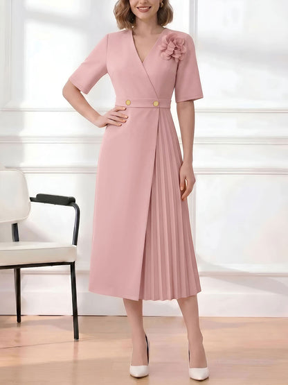Pleated V Neck Short Sleeves A-Line Midi Dress