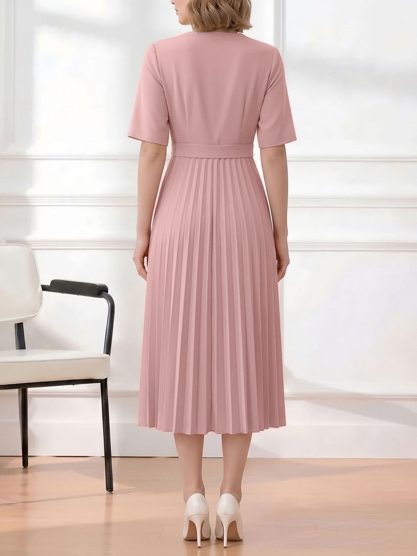 Pleated V Neck Short Sleeves A-Line Midi Dress