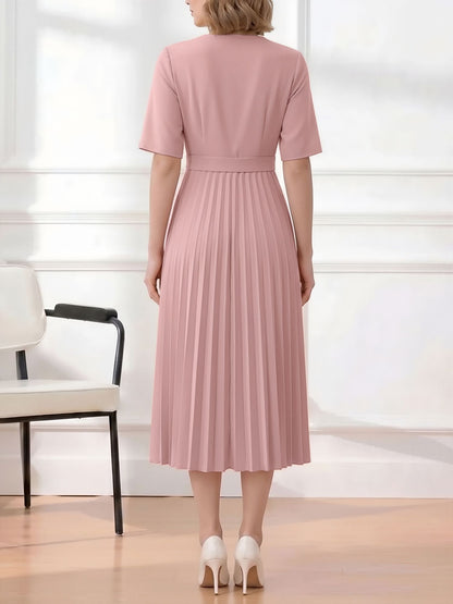 Pleated V Neck Short Sleeves A-Line Midi Dress