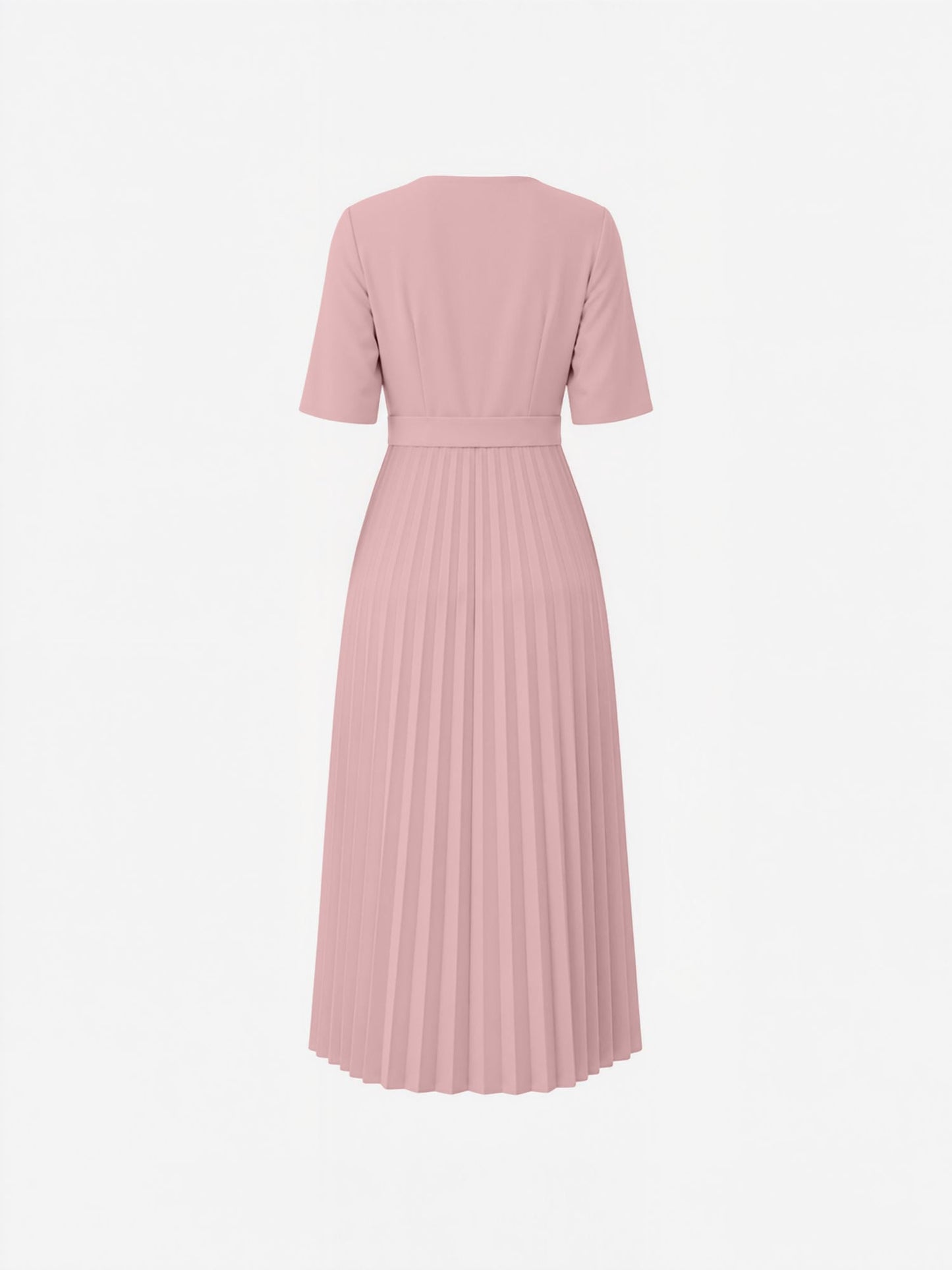 Pleated V Neck Short Sleeves A-Line Midi Dress