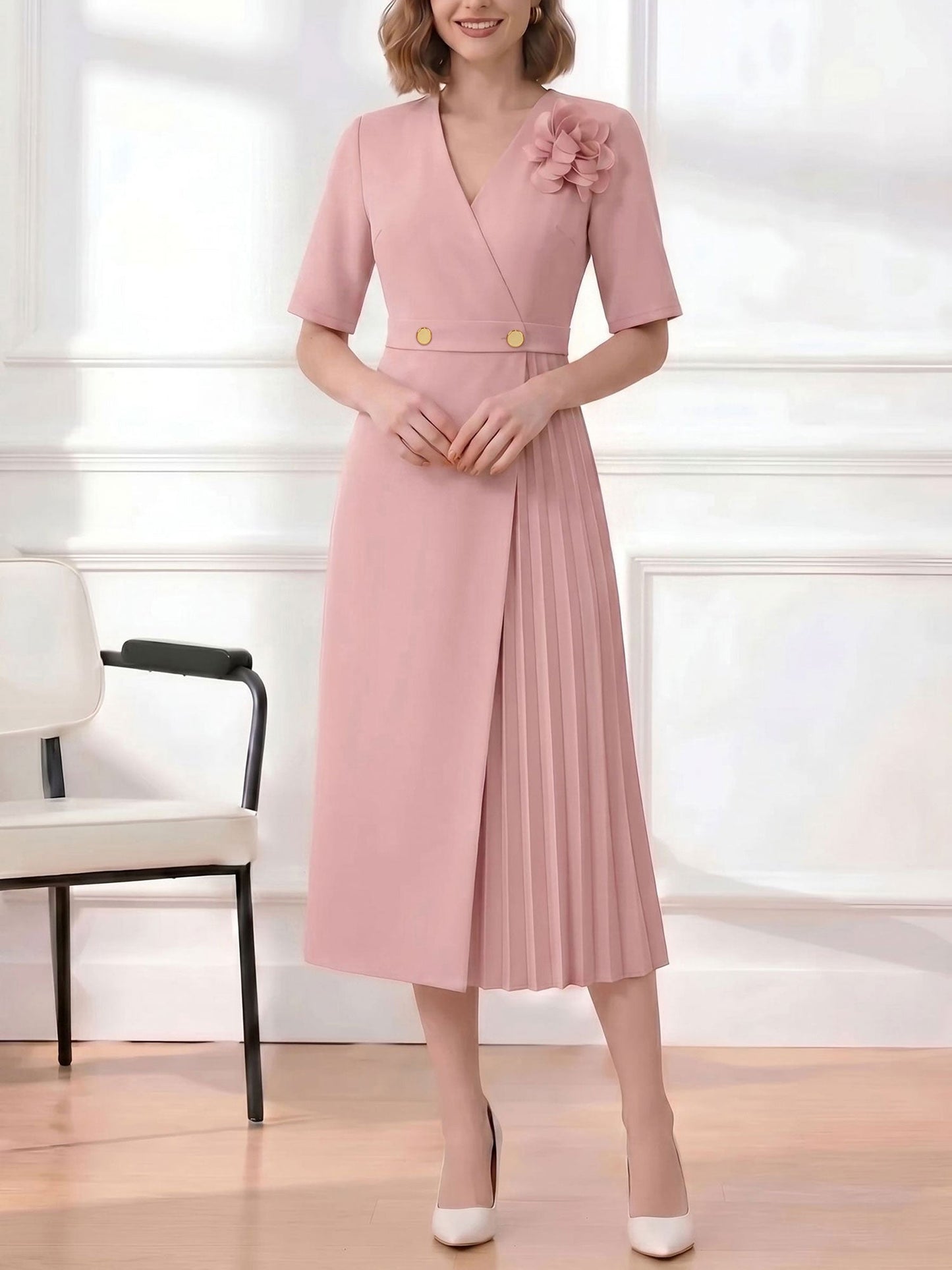 Pleated V Neck Short Sleeves A-Line Midi Dress