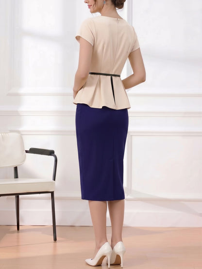 Colorblock Belted Short Sleeves Midi Sheath Dress