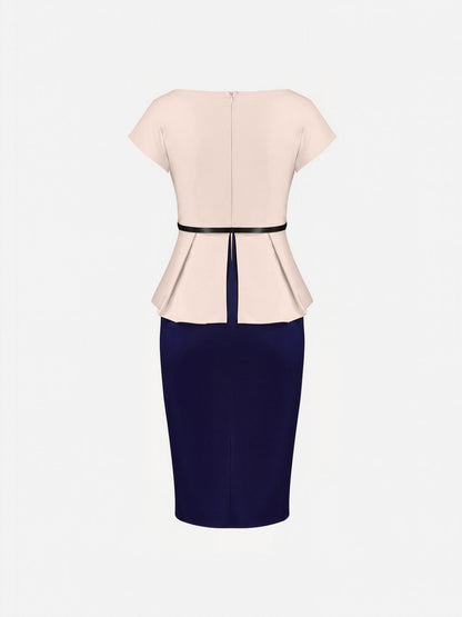 Colorblock Belted Short Sleeves Midi Sheath Dress