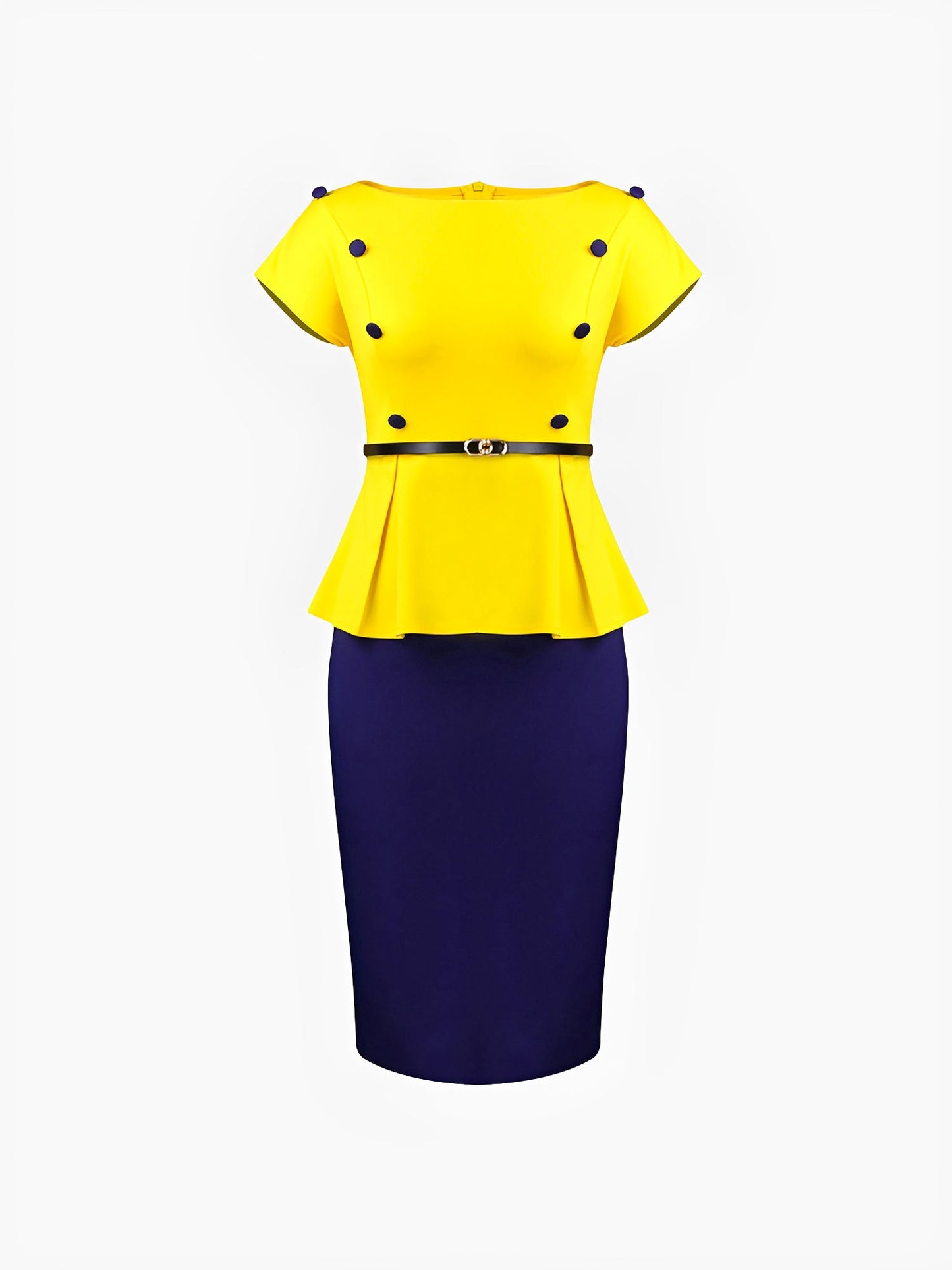 Colorblock Belted Short Sleeves Midi Sheath Dress