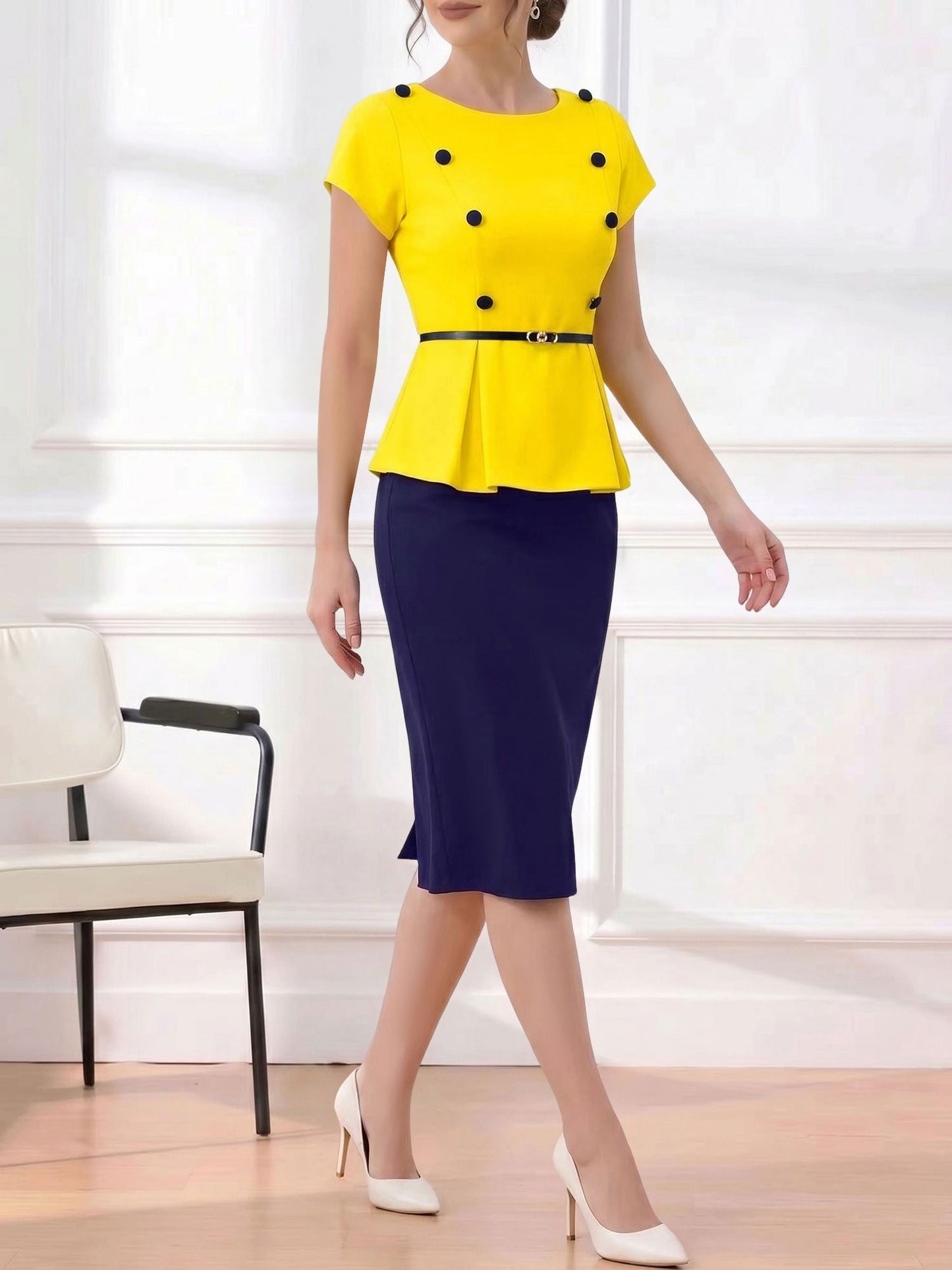 Colorblock Belted Short Sleeves Midi Sheath Dress