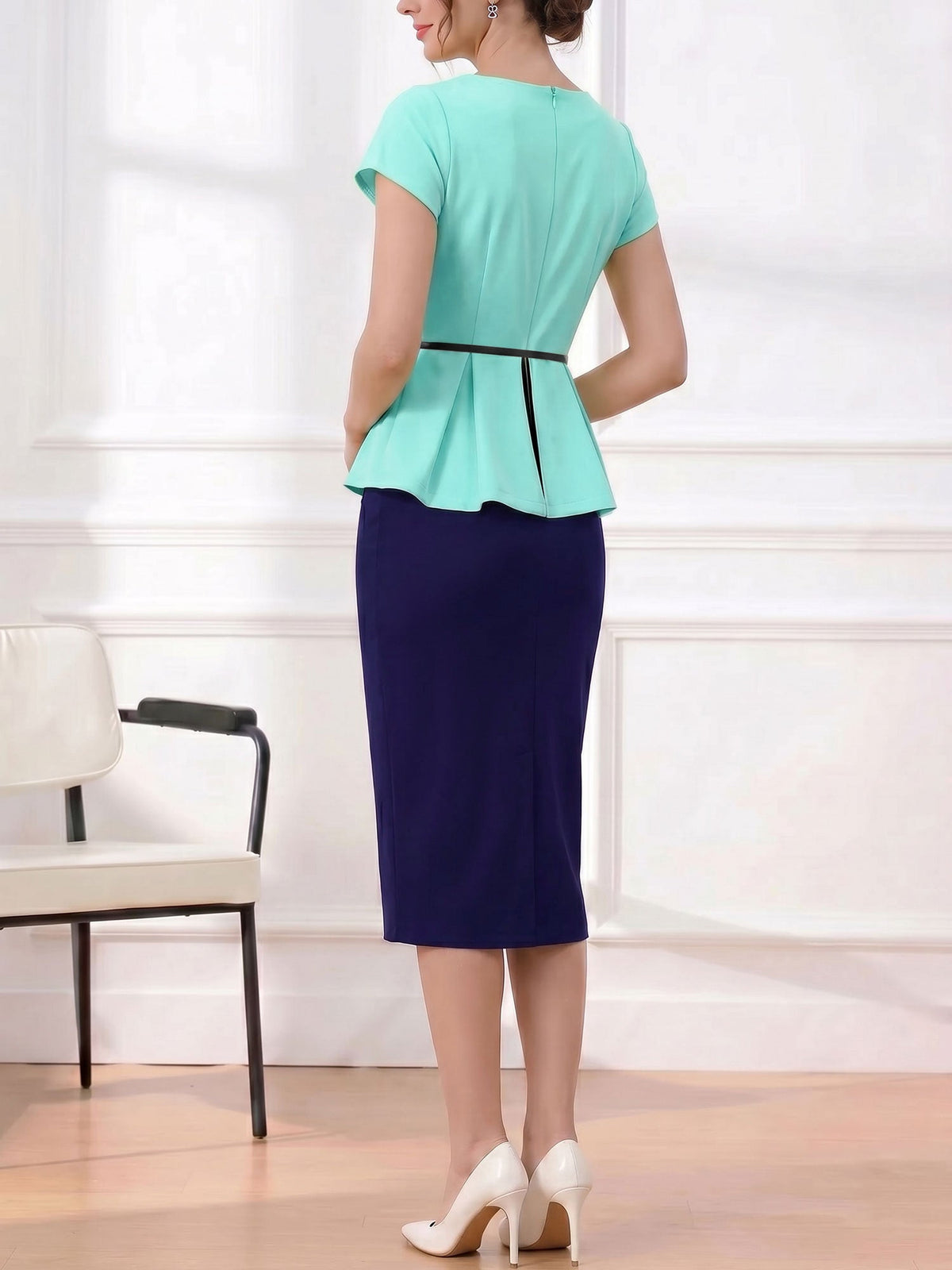 Colorblock Belted Short Sleeves Midi Sheath Dress