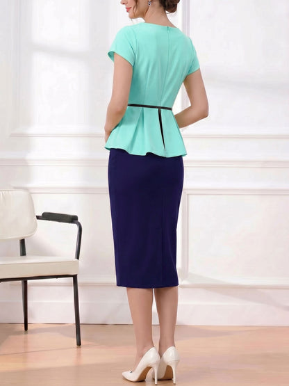Colorblock Belted Short Sleeves Midi Sheath Dress